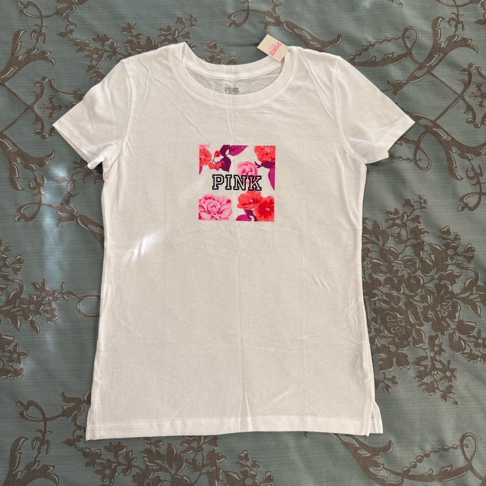 Victoria's Secret PINK Floral Short Sleeve White Tee Shirt XS